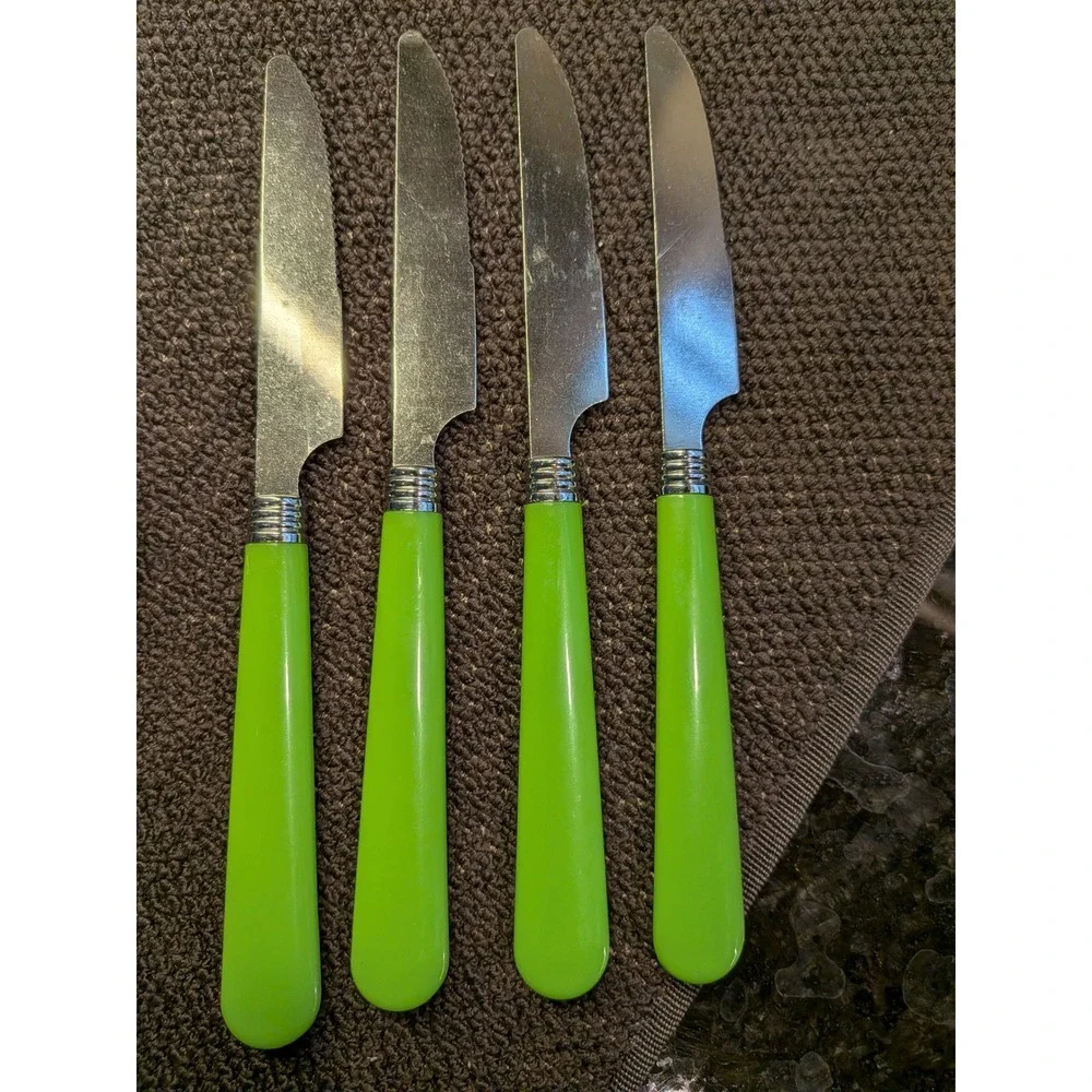 16-Pc Stainless Steel Flatware Set Lime Green Triple-Ring Bolster Handles